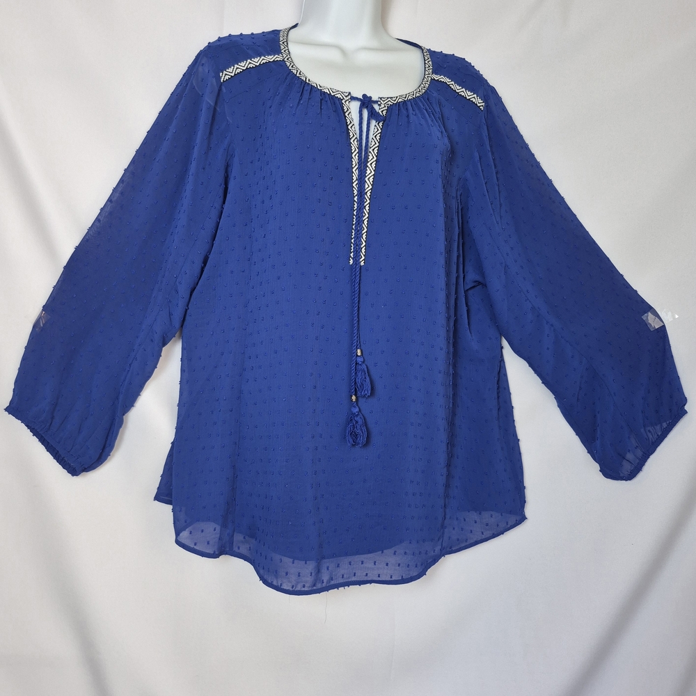DR2 Royal Blue Embroidered Peasant Tie-Neck Blouse